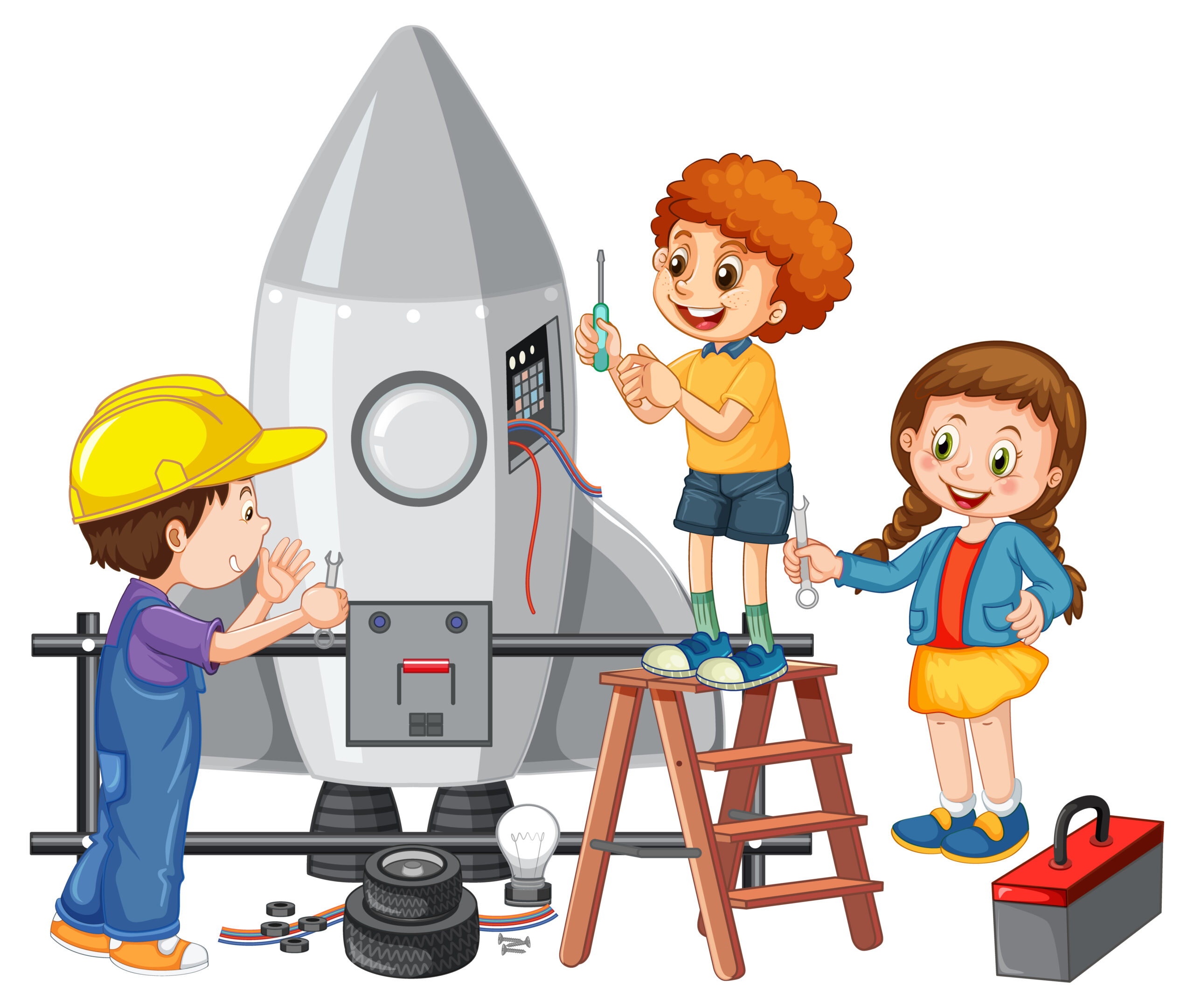 Children fixing a rocket together on white background illustration